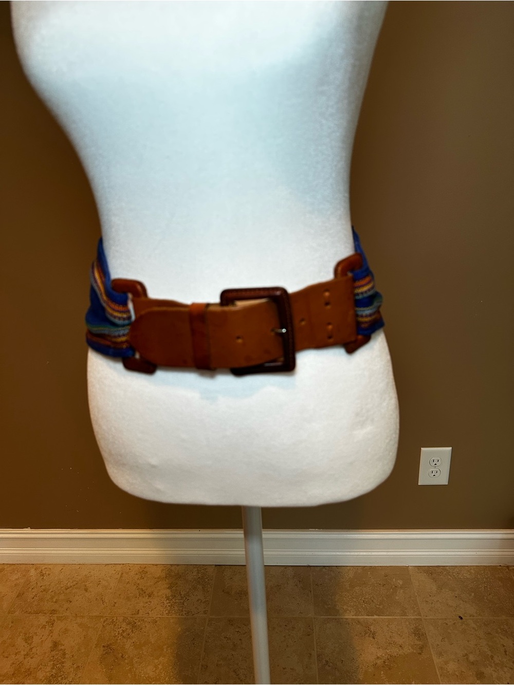 Talbots Brown Leather Belt with Blue and Green Striped Panels